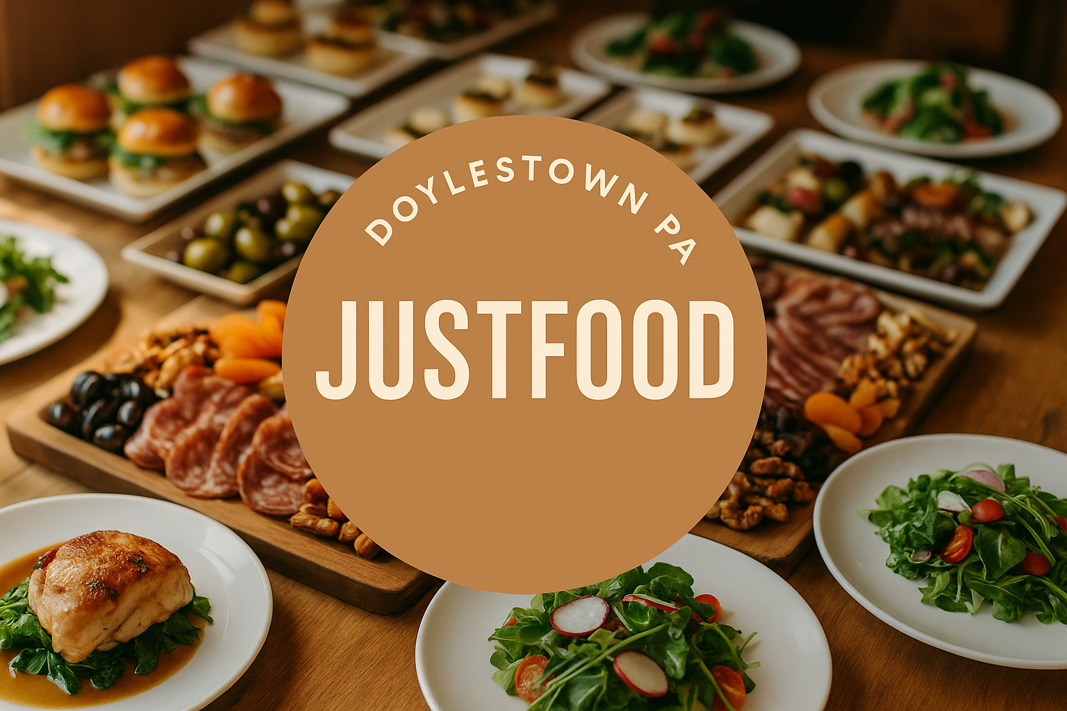 The Round JustFood Logo Doylestown PA with a Background with an image of catering and gorumet food